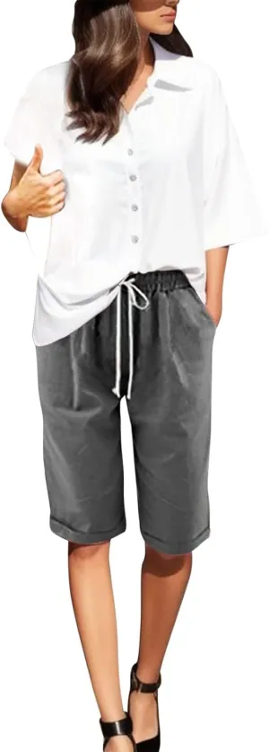 AMDBEL Womens Bermuda Shorts Plus Size Summer Sweat Shorts with Deep Pockets Cotton Shorts for Women Gym Workout