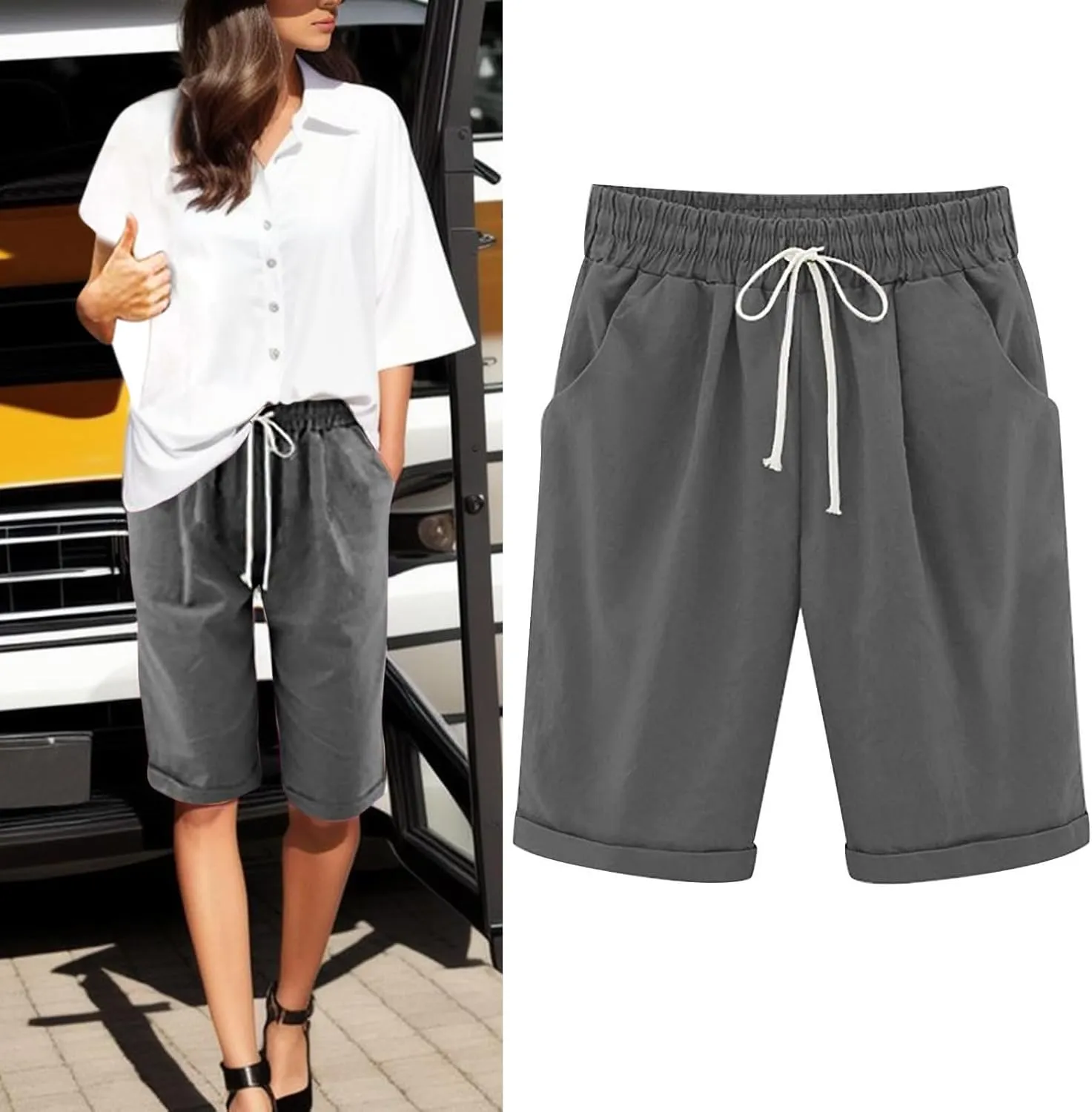 AMDBEL Womens Bermuda Shorts Plus Size Summer Sweat Shorts with Deep Pockets Cotton Shorts for Women Gym Workout