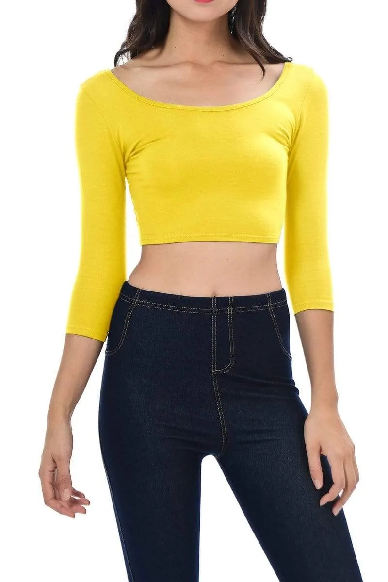 Auliné Collection Womens Trendy Solid Color Basic Scooped Neck and Back Crop Top 3/4