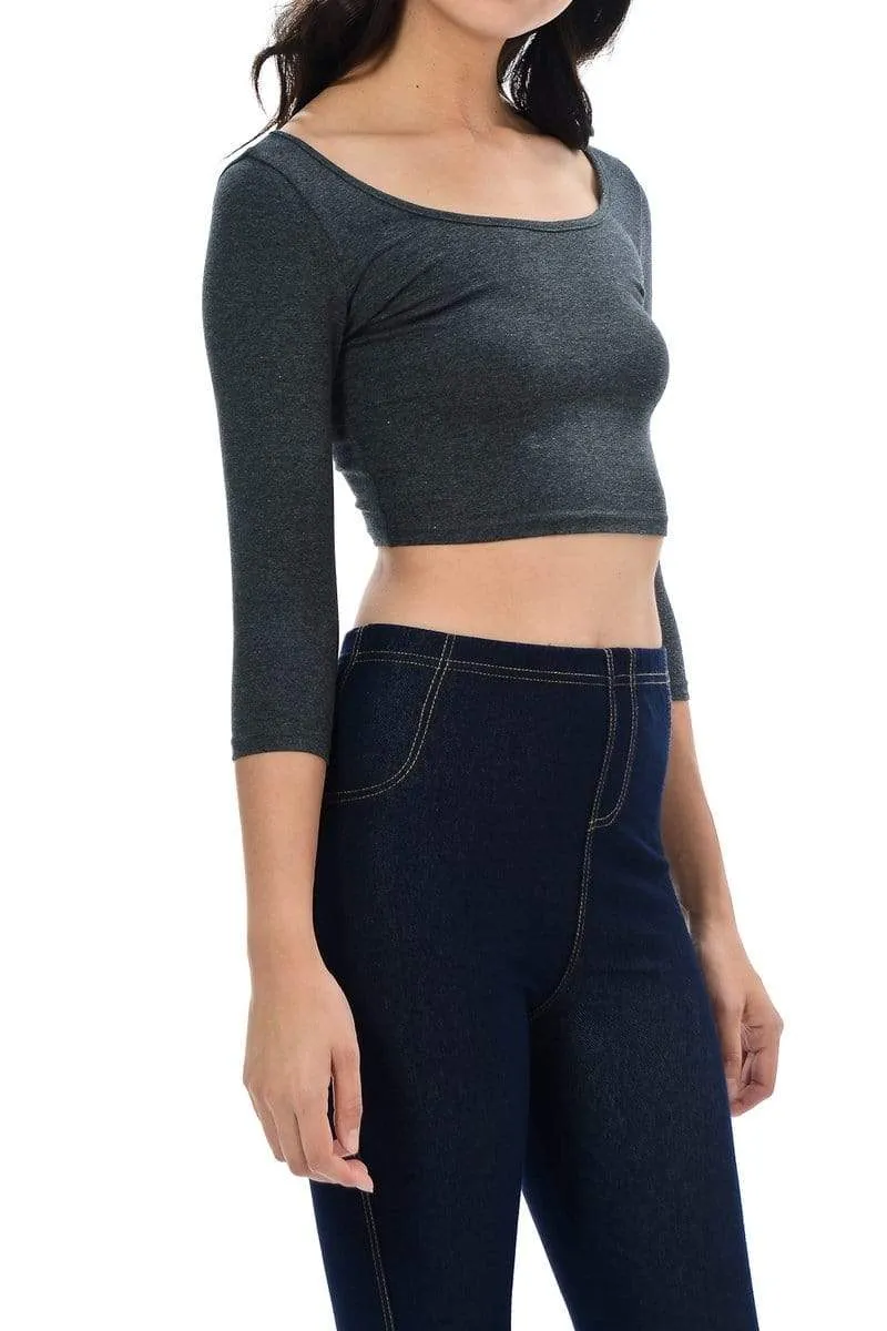 Auliné Collection Womens Trendy Solid Color Basic Scooped Neck and Back Crop Top 3/4