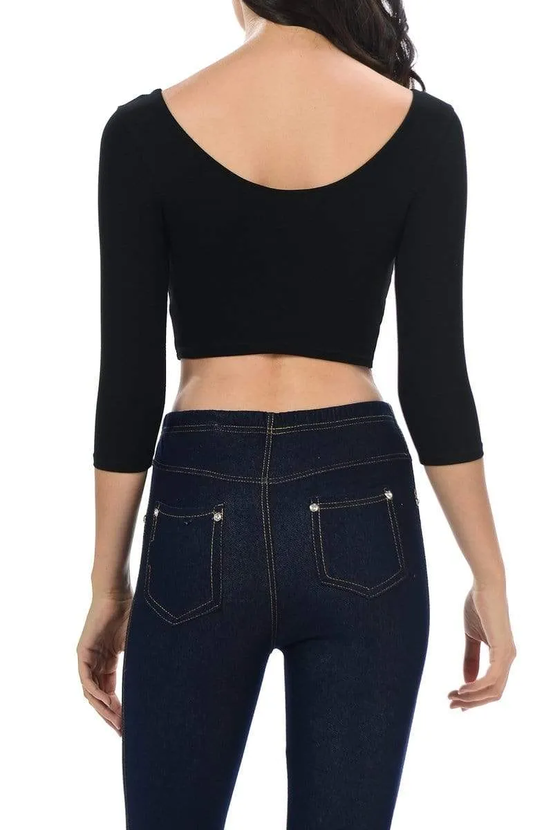 Auliné Collection Womens Trendy Solid Color Basic Scooped Neck and Back Crop Top 3/4