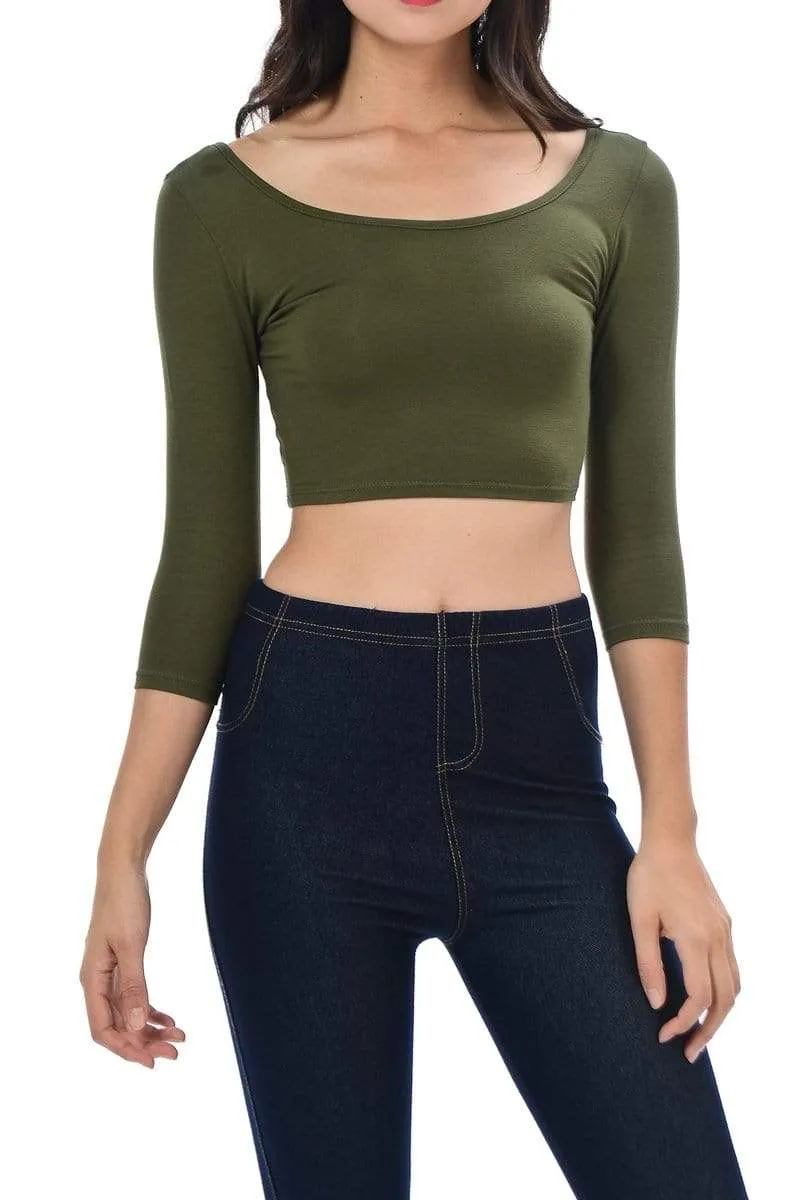 Auliné Collection Womens Trendy Solid Color Basic Scooped Neck and Back Crop Top 3/4