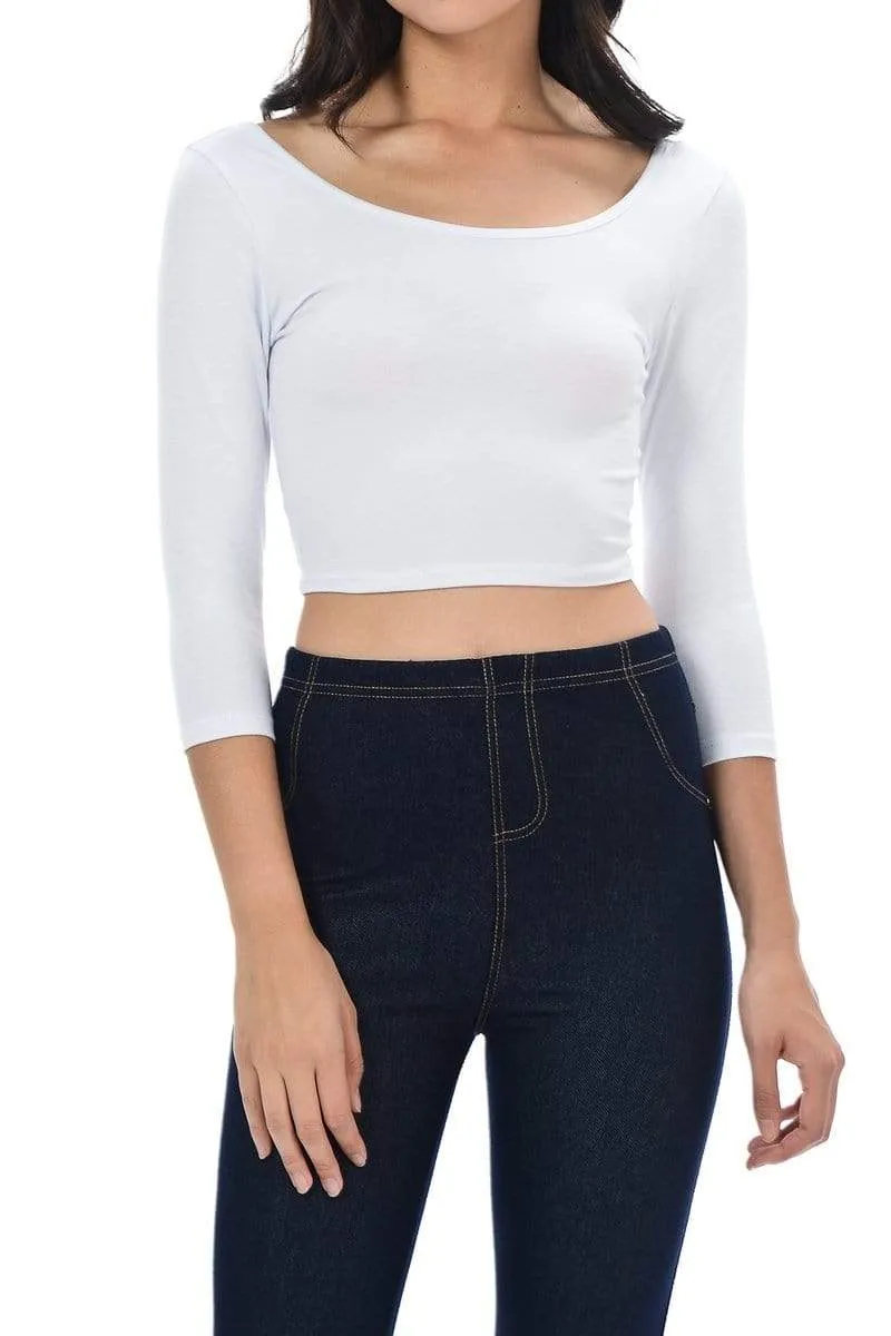 Auliné Collection Womens Trendy Solid Color Basic Scooped Neck and Back Crop Top 3/4