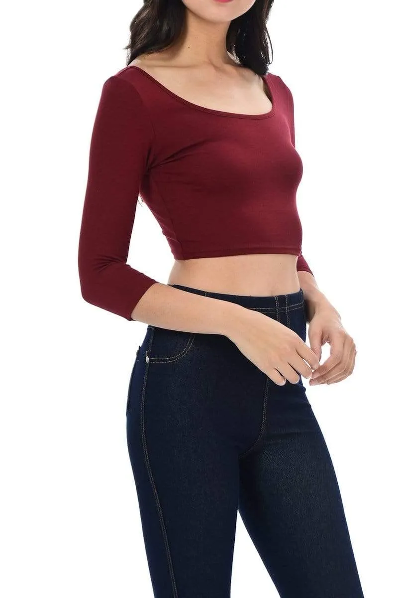 Auliné Collection Womens Trendy Solid Color Basic Scooped Neck and Back Crop Top 3/4