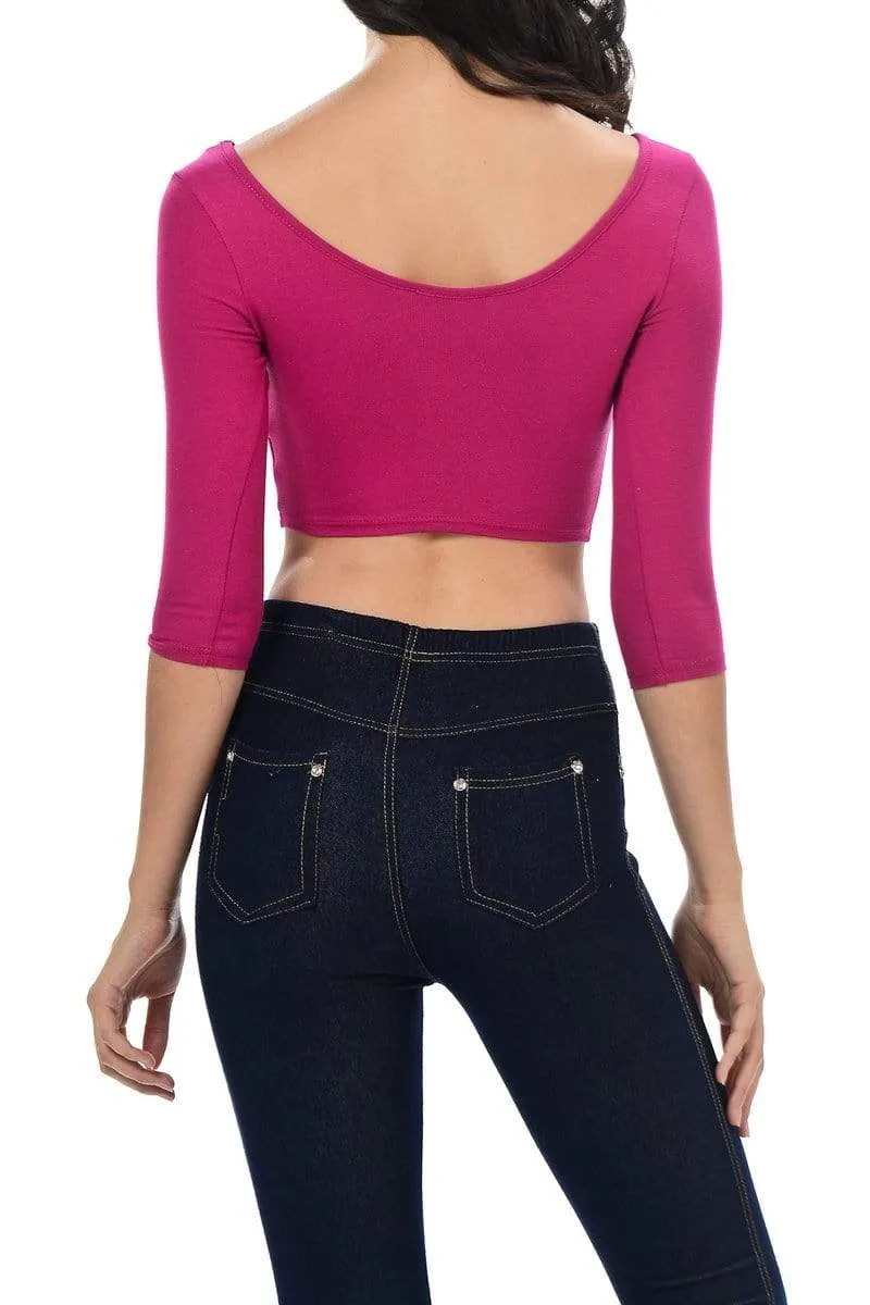 Auliné Collection Womens Trendy Solid Color Basic Scooped Neck and Back Crop Top 3/4