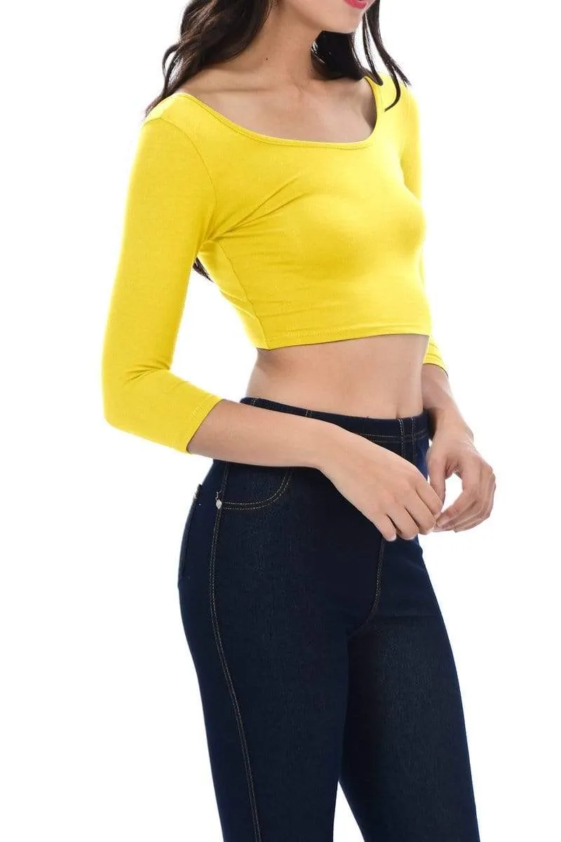 Auliné Collection Womens Trendy Solid Color Basic Scooped Neck and Back Crop Top 3/4
