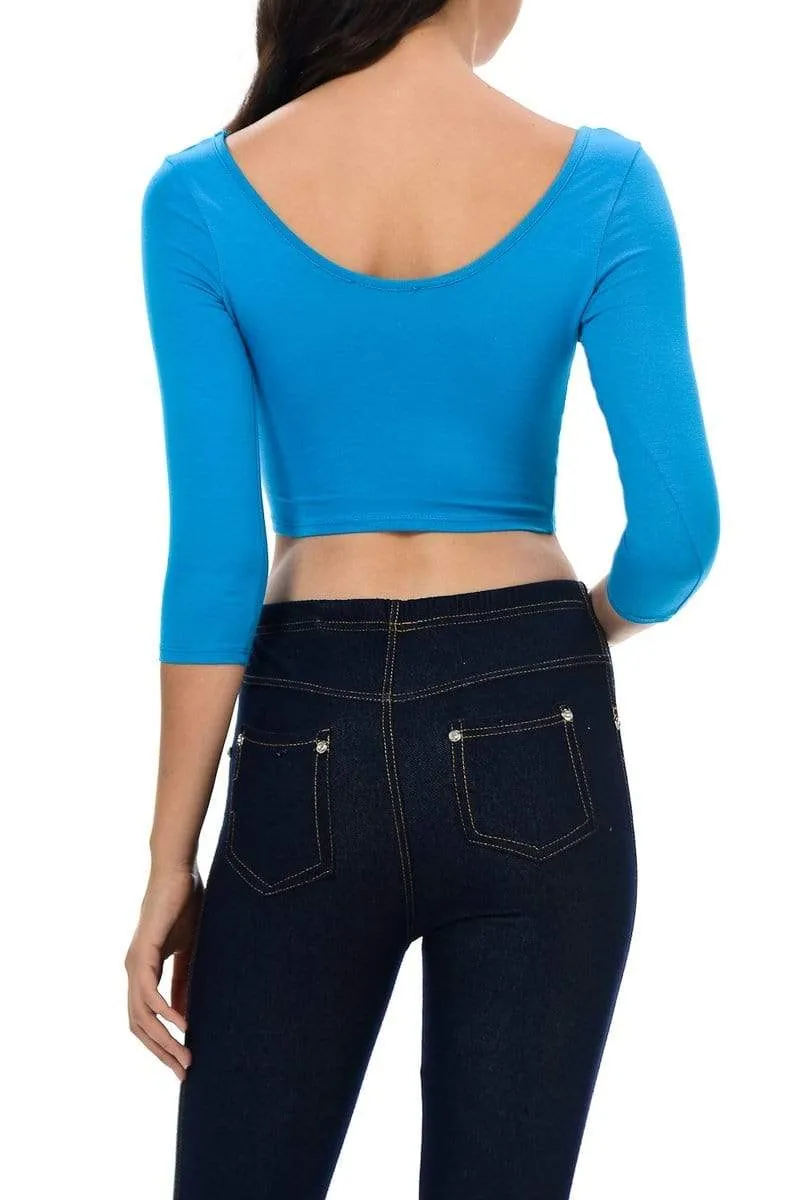 Auliné Collection Womens Trendy Solid Color Basic Scooped Neck and Back Crop Top 3/4