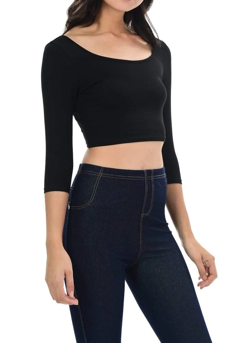 Auliné Collection Womens Trendy Solid Color Basic Scooped Neck and Back Crop Top 3/4