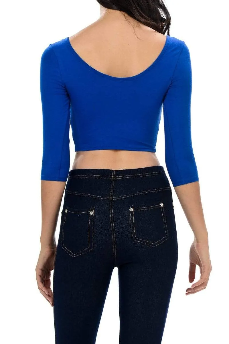 Auliné Collection Womens Trendy Solid Color Basic Scooped Neck and Back Crop Top 3/4