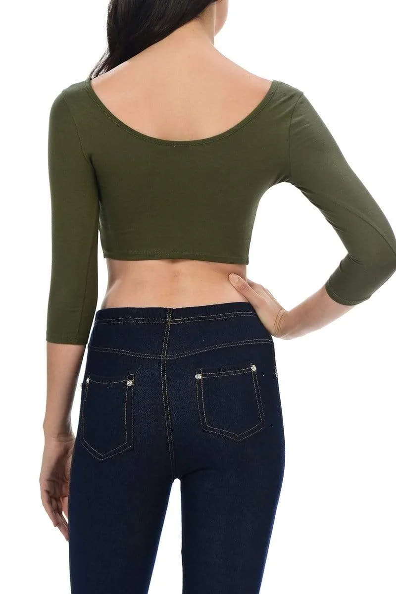 Auliné Collection Womens Trendy Solid Color Basic Scooped Neck and Back Crop Top 3/4