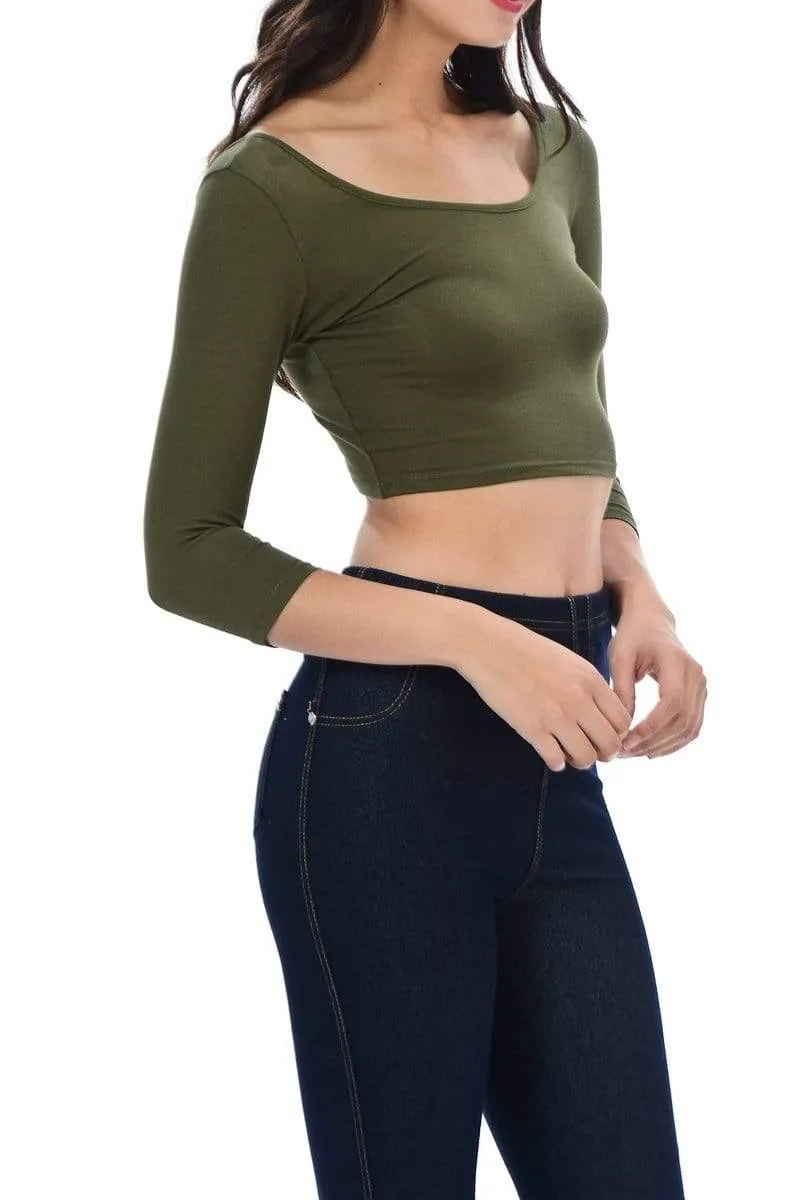 Auliné Collection Womens Trendy Solid Color Basic Scooped Neck and Back Crop Top 3/4
