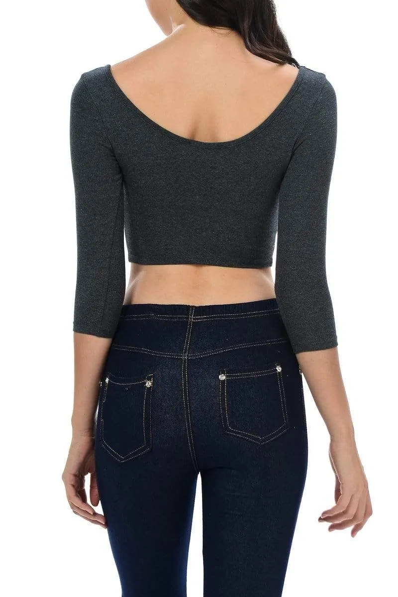 Auliné Collection Womens Trendy Solid Color Basic Scooped Neck and Back Crop Top 3/4
