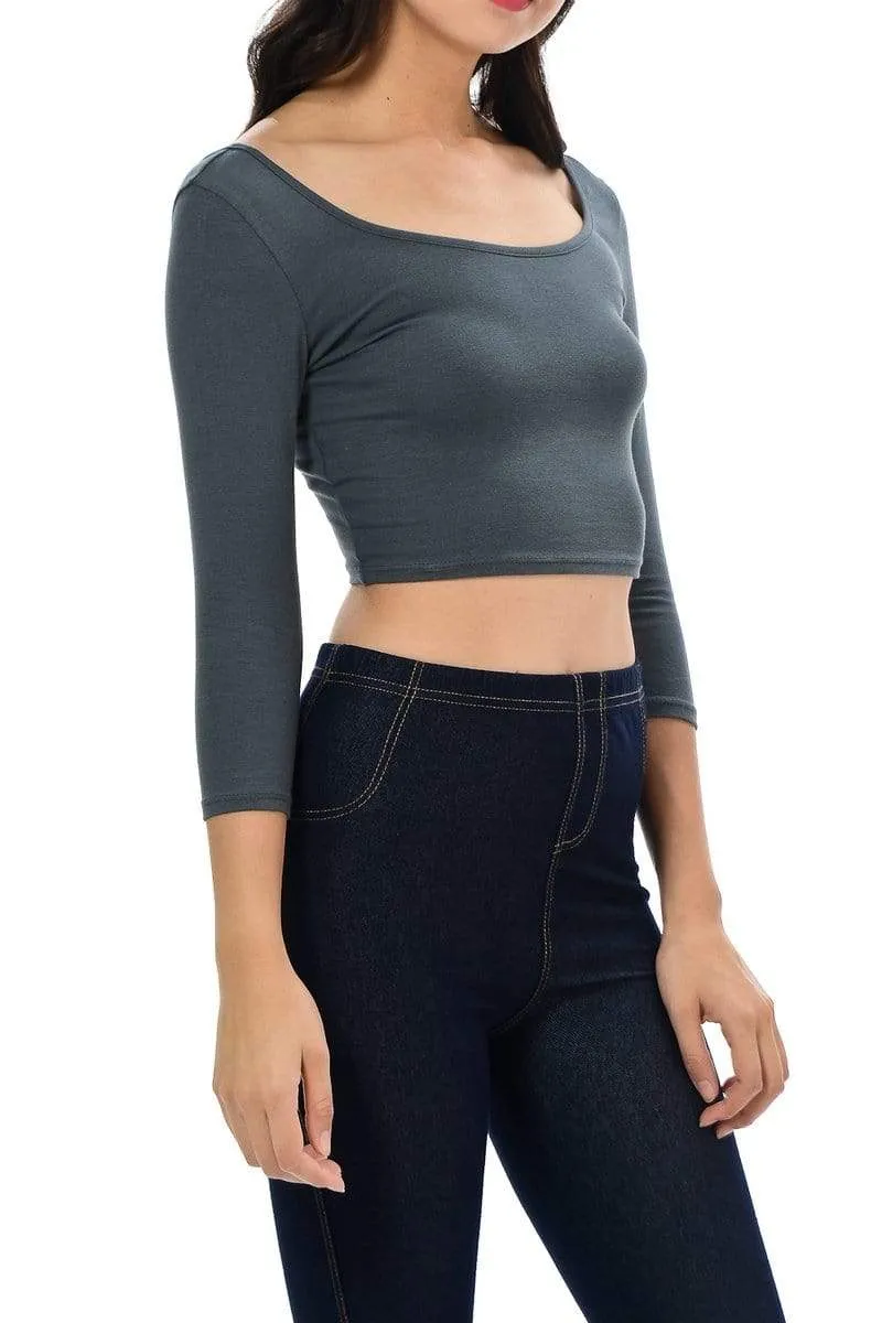 Auliné Collection Womens Trendy Solid Color Basic Scooped Neck and Back Crop Top 3/4