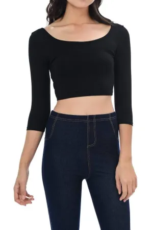 Auliné Collection Womens Trendy Solid Color Basic Scooped Neck and Back Crop Top 3/4