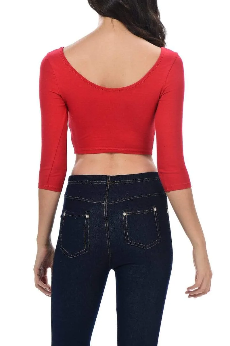 Auliné Collection Womens Trendy Solid Color Basic Scooped Neck and Back Crop Top 3/4