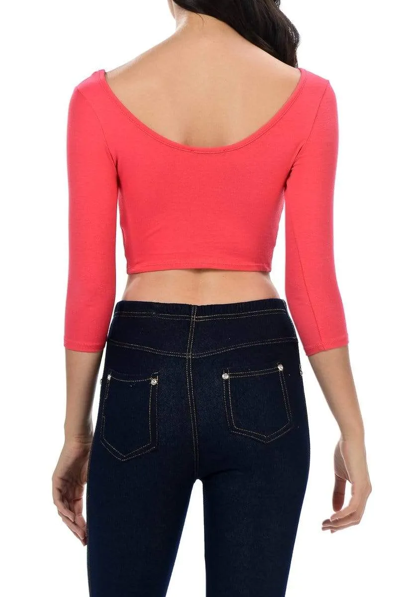 Auliné Collection Womens Trendy Solid Color Basic Scooped Neck and Back Crop Top 3/4