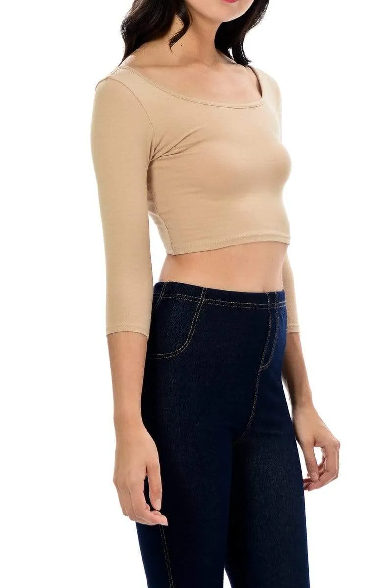 Auliné Collection Womens Trendy Solid Color Basic Scooped Neck and Back Crop Top 3/4