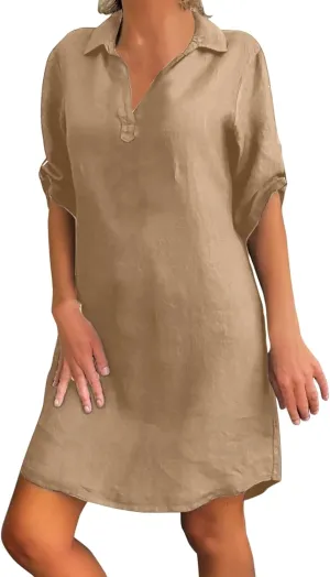 Beach Cover Ups for Women Loose Fit Cotton and Linen Short Sleeve Shirt Lapel Dresses Bathing Suit Cover Up Dresses