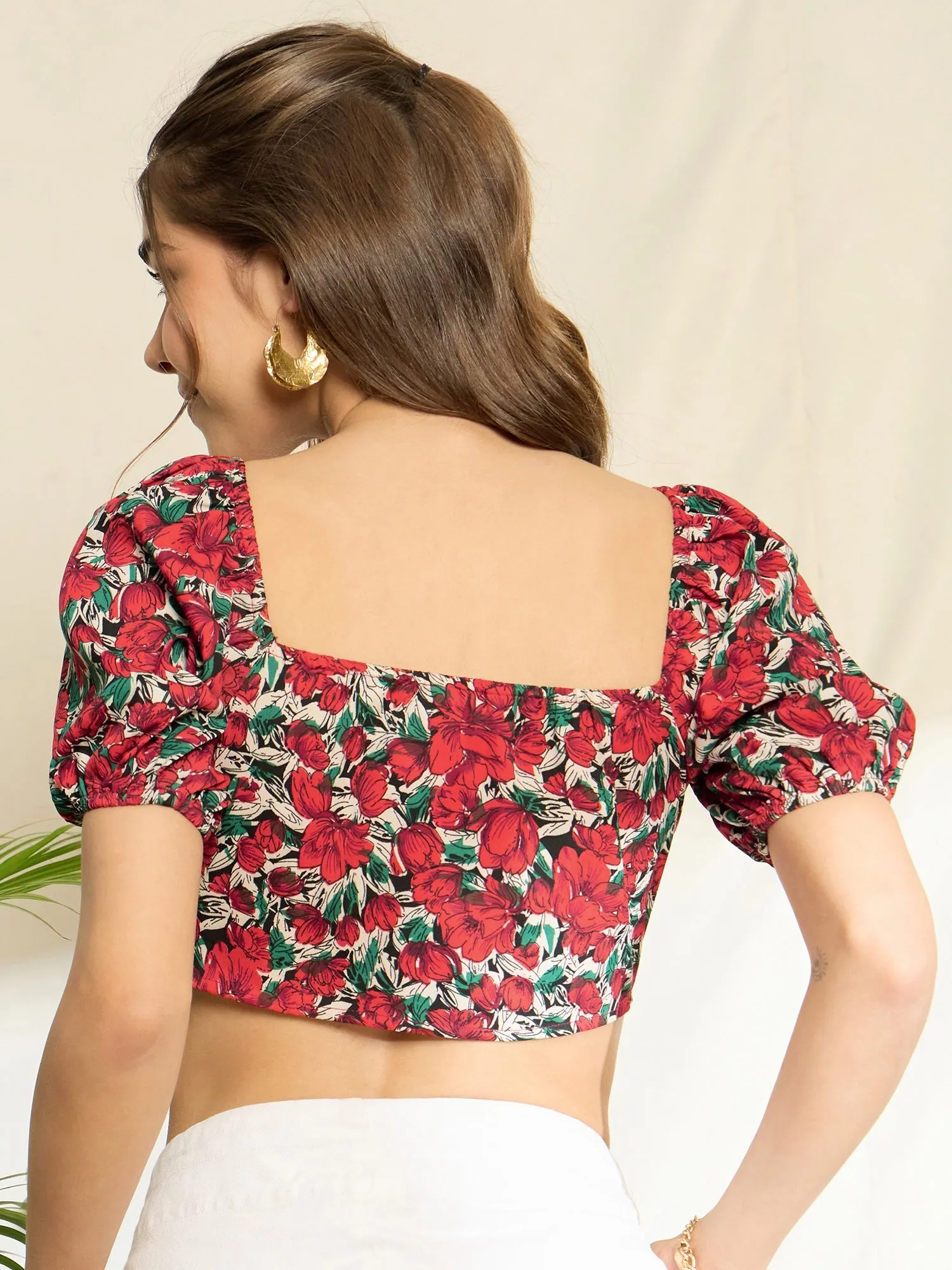 Berrylush Women Red Floral Printed Square Neck Puff Sleeve Fitted Crop Top