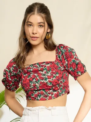 Berrylush Women Red Floral Printed Square Neck Puff Sleeve Fitted Crop Top
