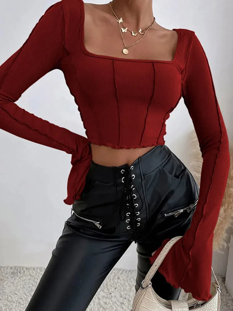 Black Backless Long Sleeve Knitted Basic Crop Top for Streetwear Style