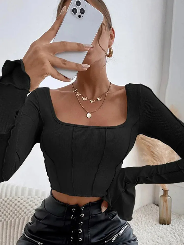 Black Backless Long Sleeve Knitted Basic Crop Top for Streetwear Style