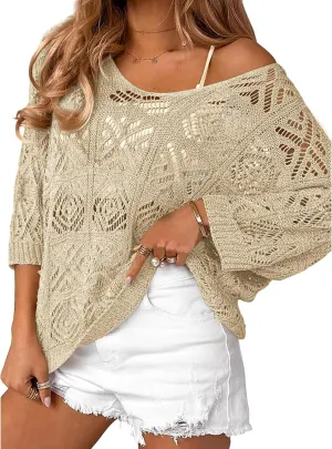 Bluetime Women Off Shoulder Tops Casual 3/4 Sleeve Hollow Out Crochet Sweaters Lightweight Oversized Knit Tops