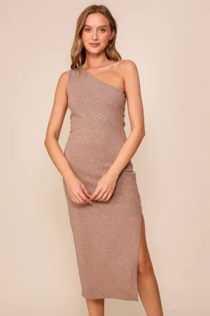 Brown One Shoulder Midi Knit Dress