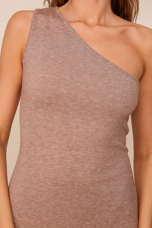 Brown One Shoulder Midi Knit Dress