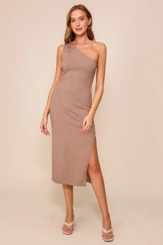 Brown One Shoulder Midi Knit Dress