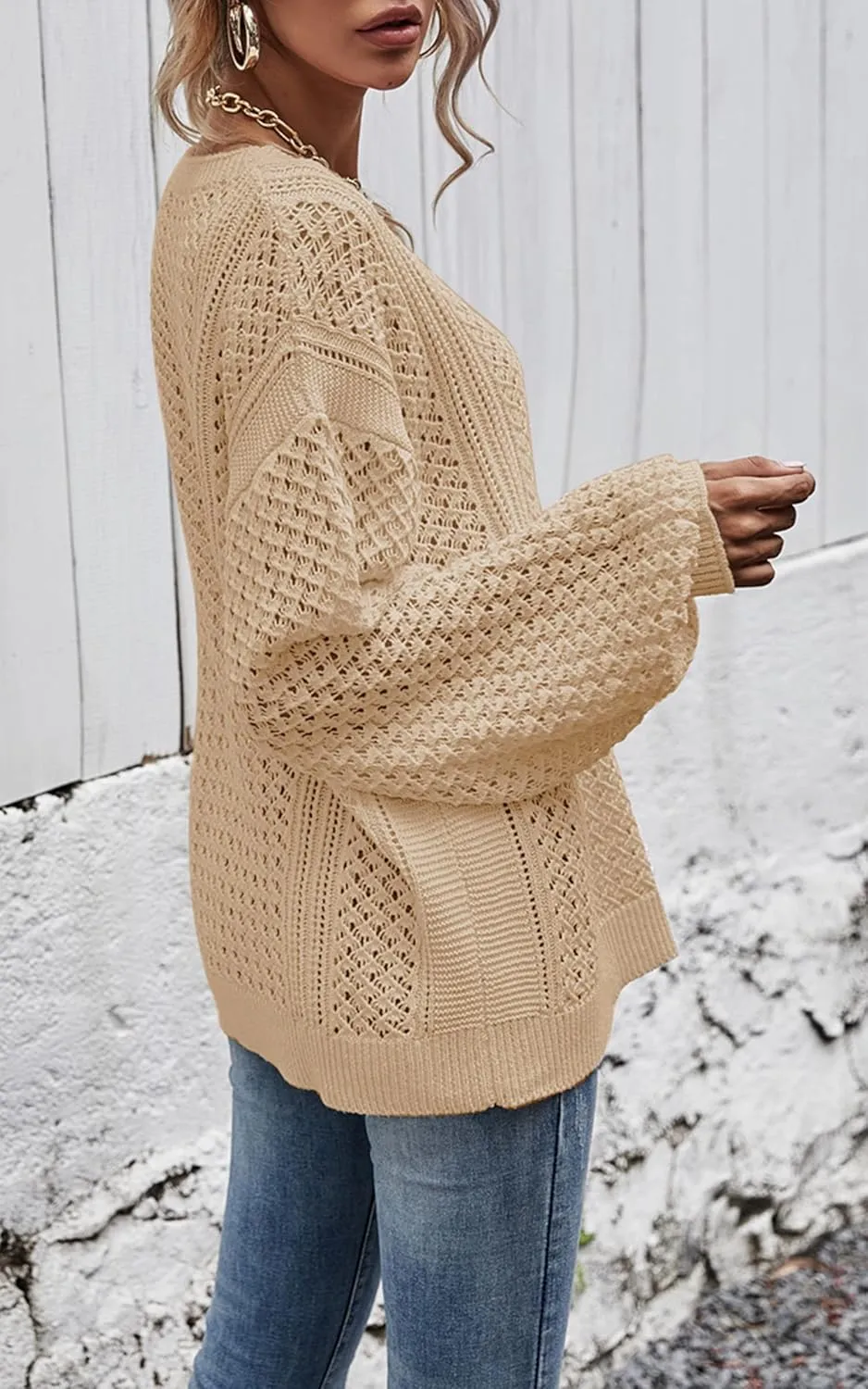 CCTOO Women's Sweaters Casual Oversized V Neck Off Shoulder Sexy Crochet Sweater Batwing Sleeve Pullover Loose Tops