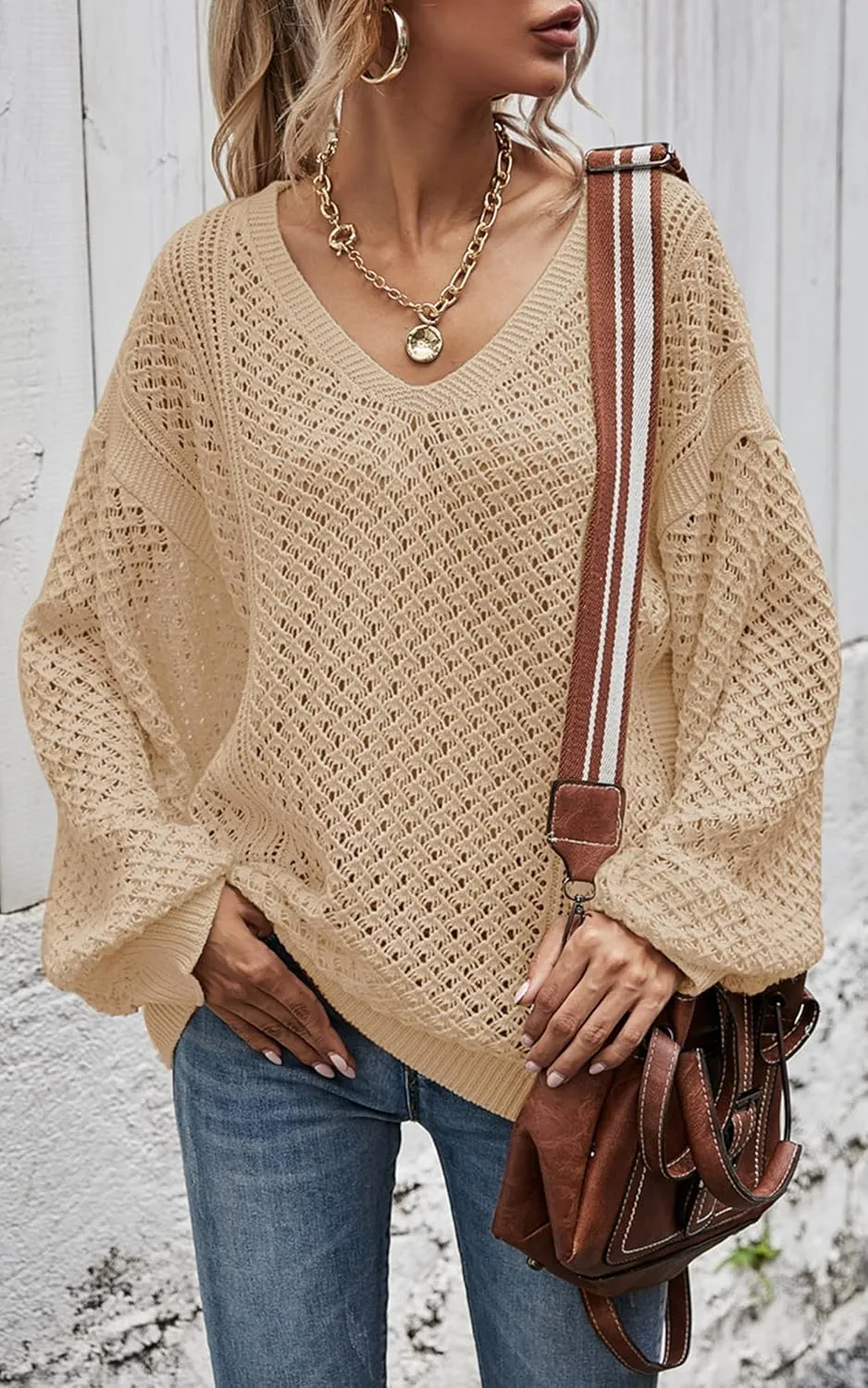 CCTOO Women's Sweaters Casual Oversized V Neck Off Shoulder Sexy Crochet Sweater Batwing Sleeve Pullover Loose Tops