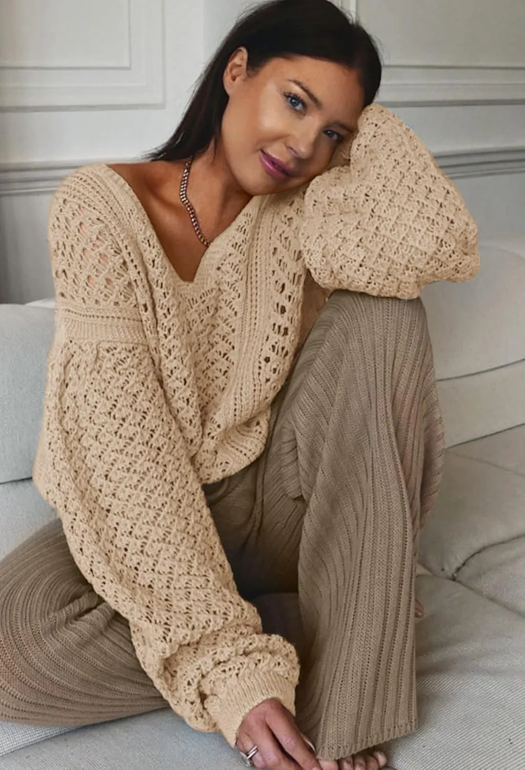 CCTOO Women's Sweaters Casual Oversized V Neck Off Shoulder Sexy Crochet Sweater Batwing Sleeve Pullover Loose Tops
