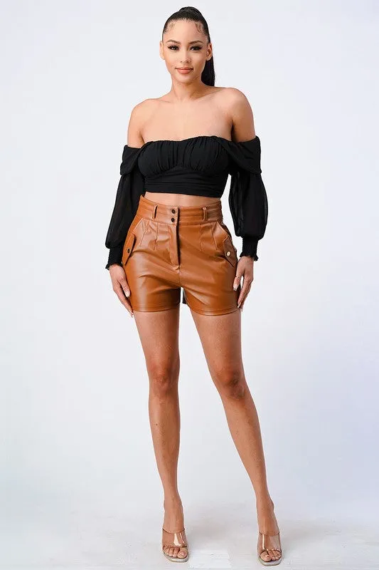 CHIFFON SMOCKED BACK  OFF SHOULDER TOP