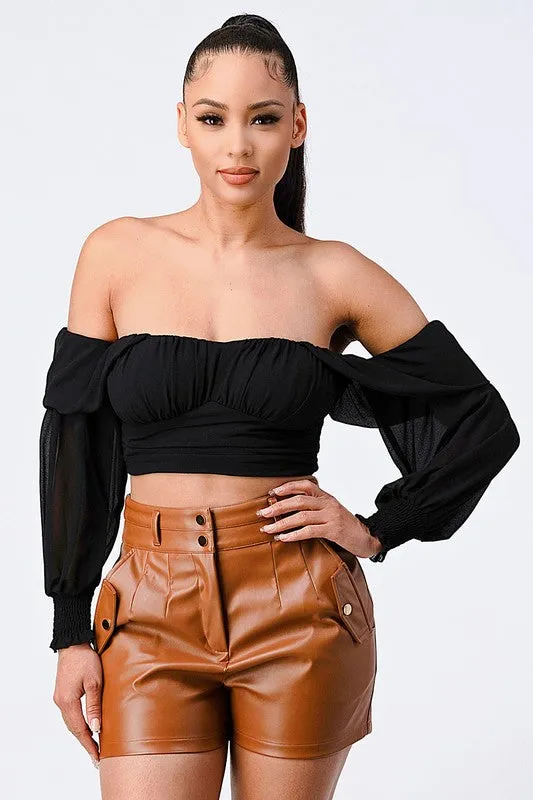 CHIFFON SMOCKED BACK  OFF SHOULDER TOP
