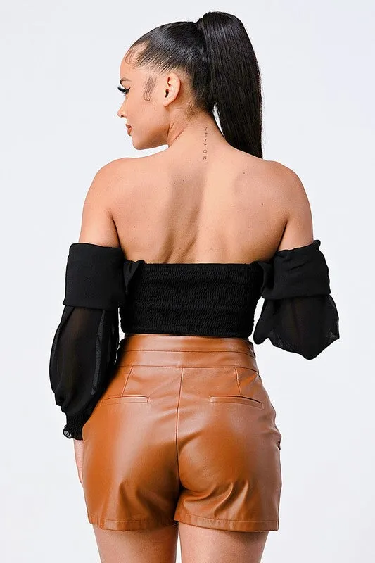 CHIFFON SMOCKED BACK  OFF SHOULDER TOP