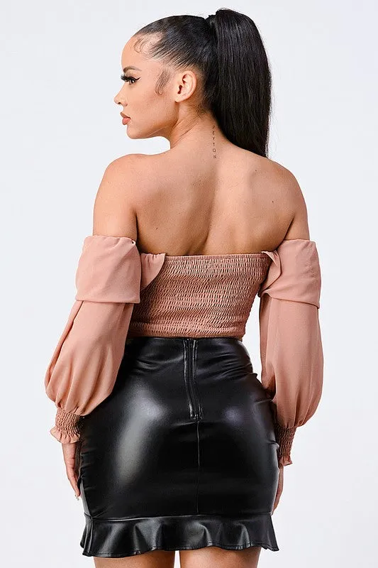 CHIFFON SMOCKED BACK  OFF SHOULDER TOP