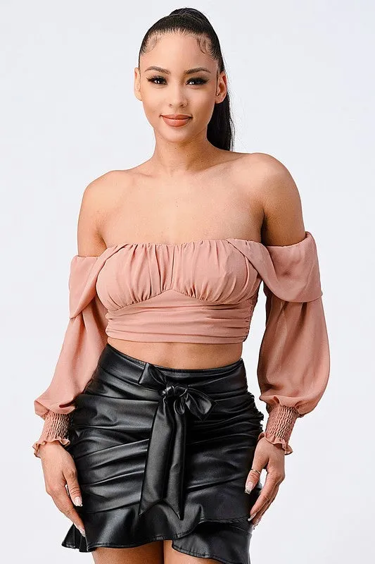 CHIFFON SMOCKED BACK  OFF SHOULDER TOP