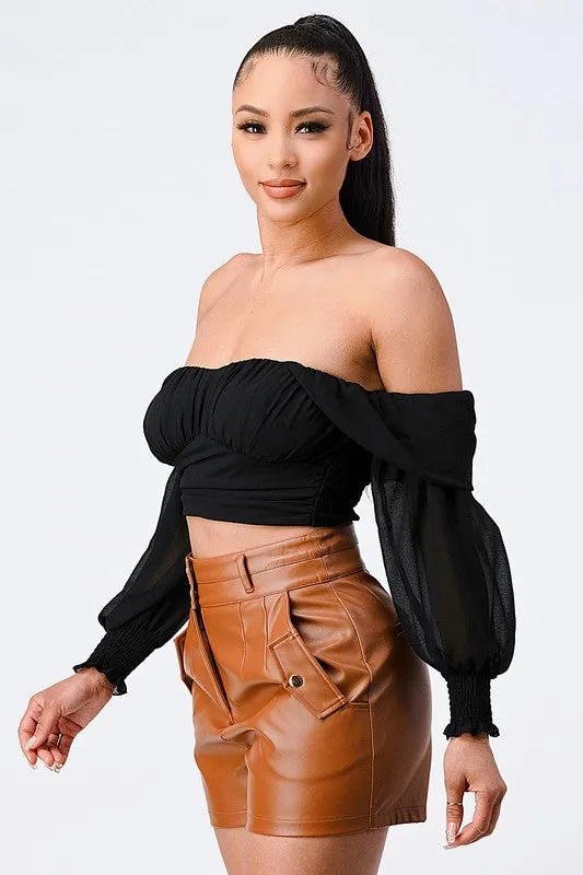 CHIFFON SMOCKED BACK  OFF SHOULDER TOP