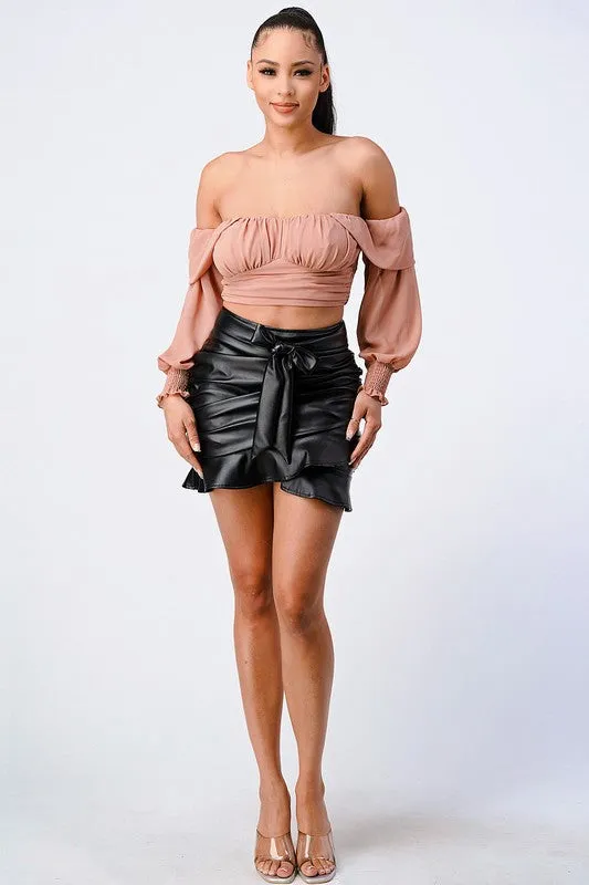 CHIFFON SMOCKED BACK  OFF SHOULDER TOP