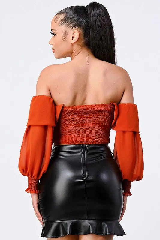 CHIFFON SMOCKED BACK  OFF SHOULDER TOP