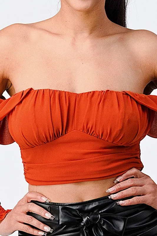 CHIFFON SMOCKED BACK  OFF SHOULDER TOP