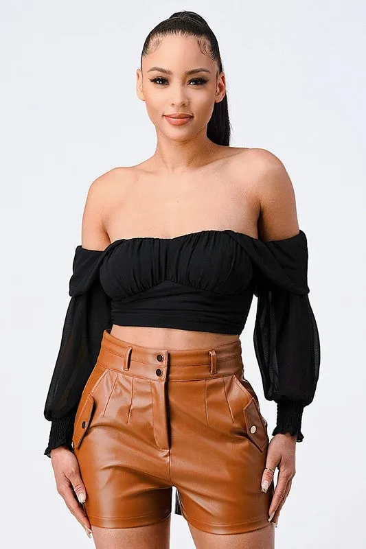 CHIFFON SMOCKED BACK  OFF SHOULDER TOP