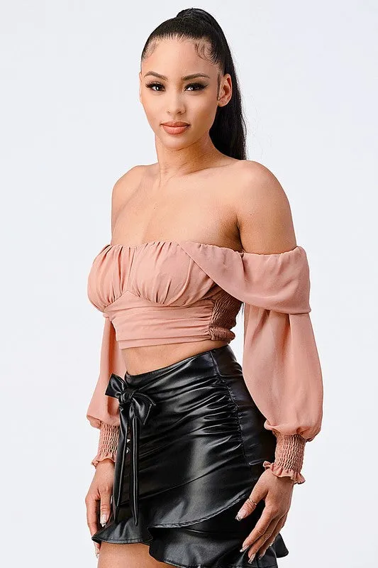 CHIFFON SMOCKED BACK  OFF SHOULDER TOP