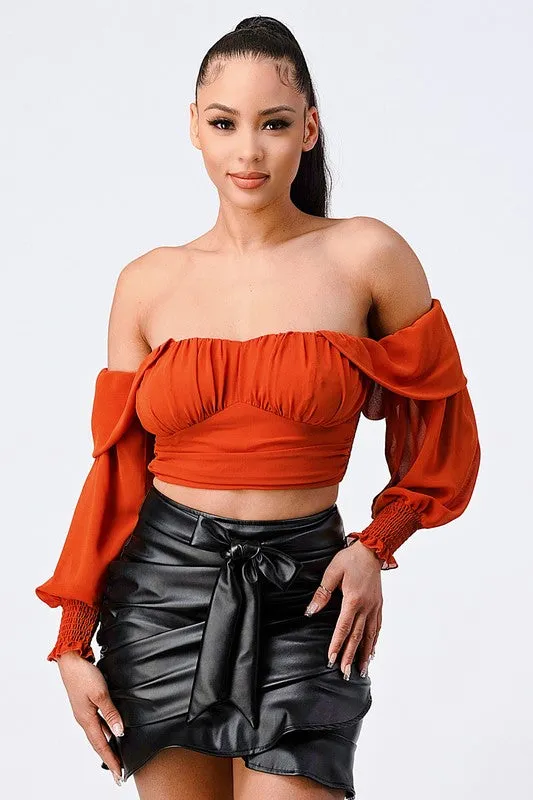 CHIFFON SMOCKED BACK  OFF SHOULDER TOP