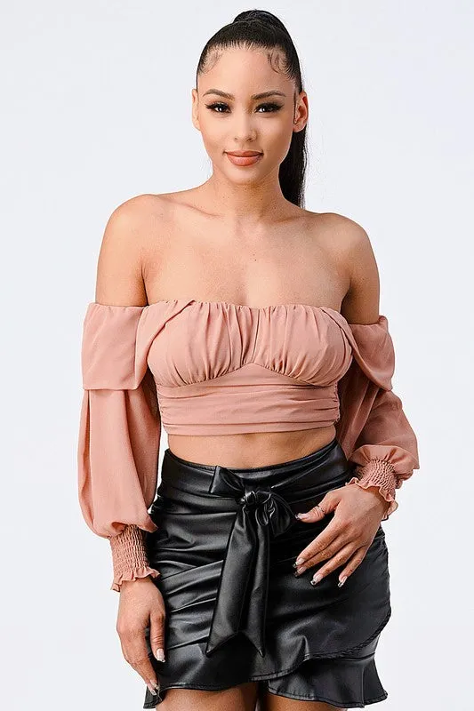 CHIFFON SMOCKED BACK  OFF SHOULDER TOP