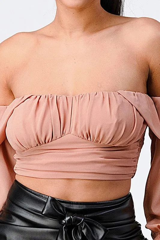 CHIFFON SMOCKED BACK  OFF SHOULDER TOP