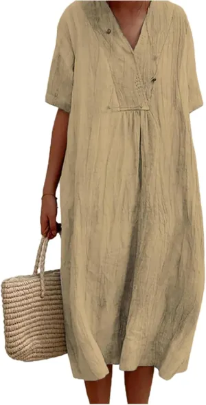 Cotton and Linen V-Neck Midi Dress Summer Casual Loose Short Sleeve T Shirts Long Dresses Comfortable Lounge Dresses