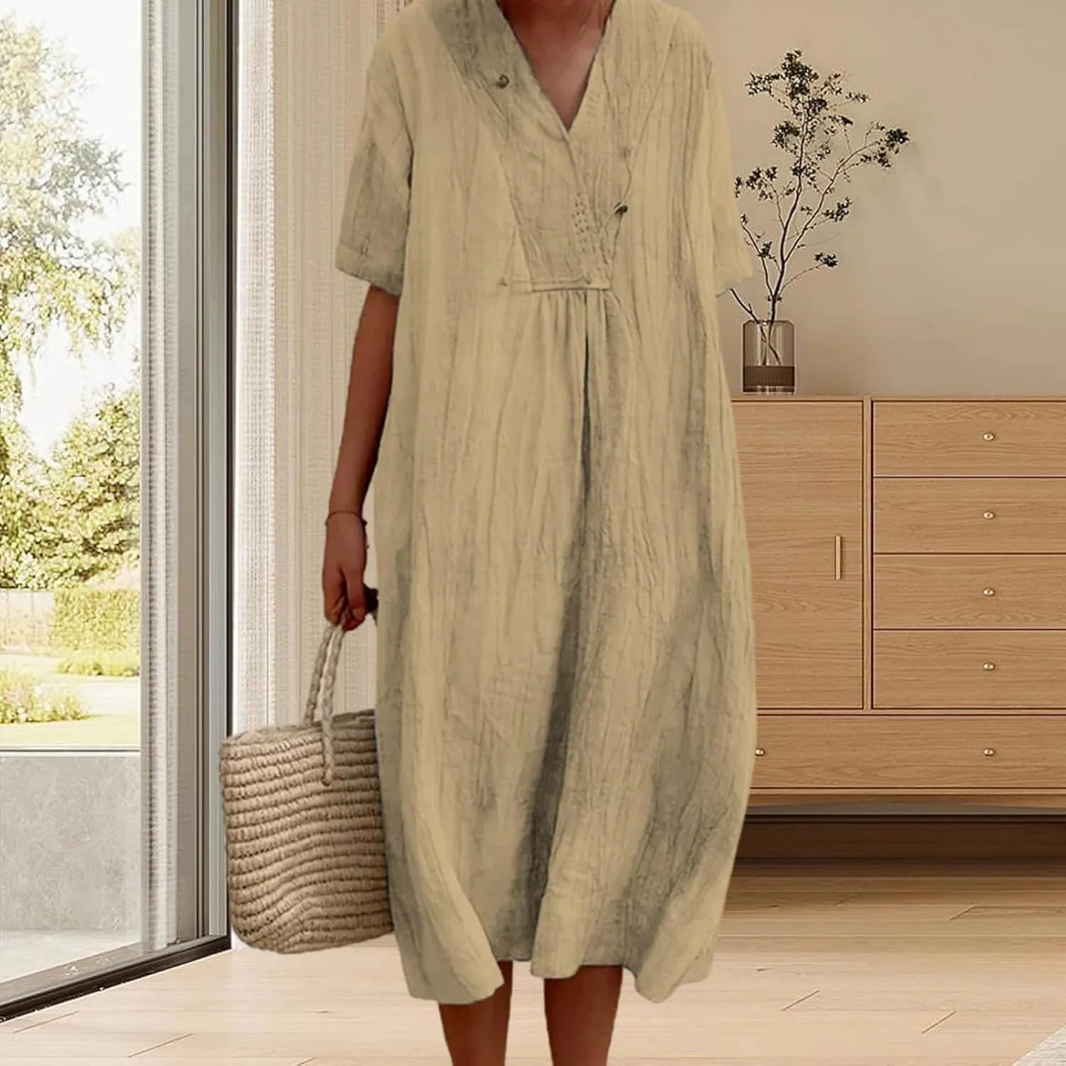 Cotton and Linen V-Neck Midi Dress Summer Casual Loose Short Sleeve T Shirts Long Dresses Comfortable Lounge Dresses