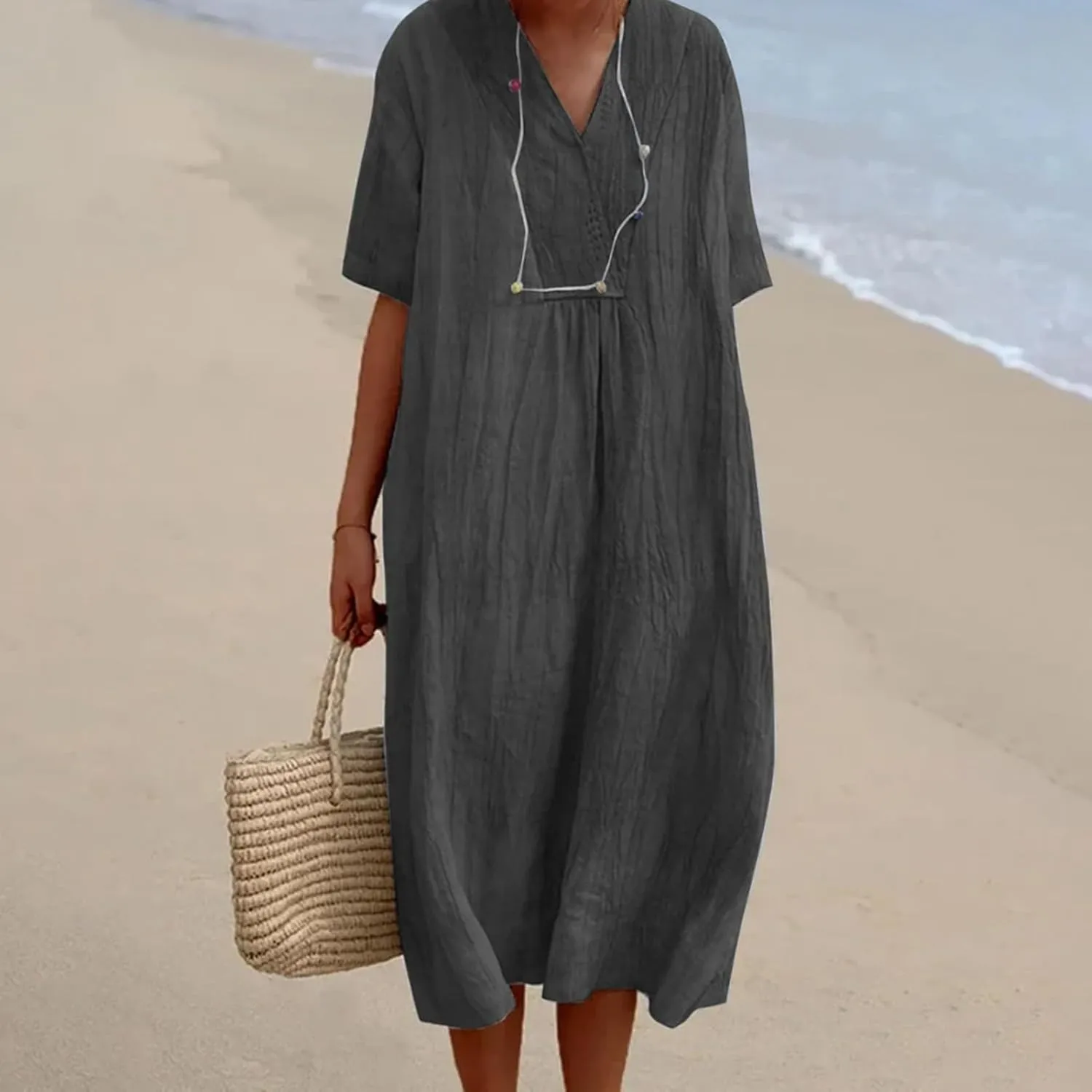 Cotton and Linen V-Neck Midi Dress Summer Casual Loose Short Sleeve T Shirts Long Dresses Comfortable Lounge Dresses